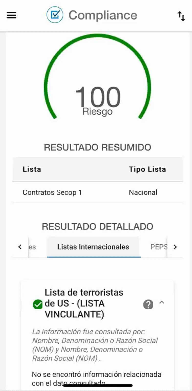 Painel de Compliance com o resultado de uma consulta em listas restritivas.